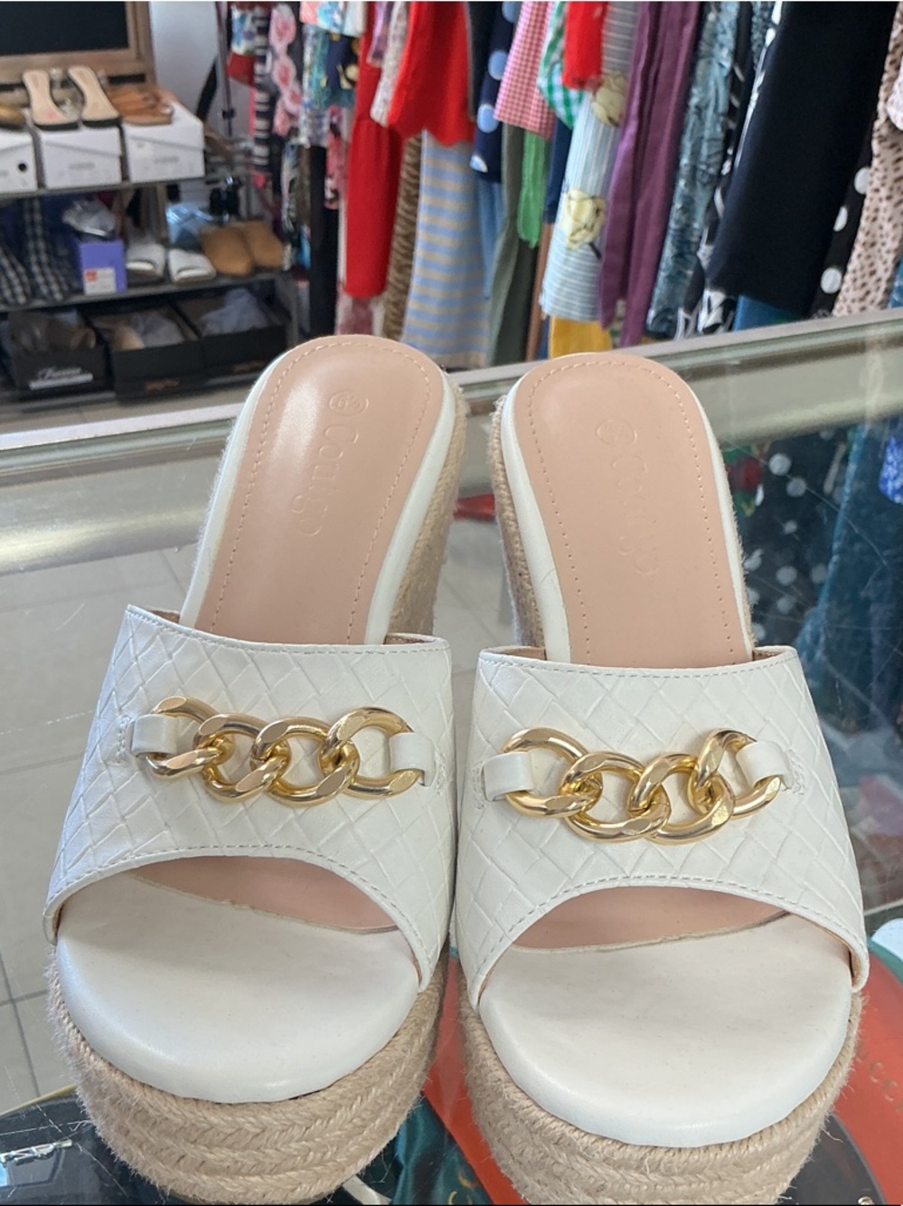 White Chain-Accent Espadrille Wedge Slides